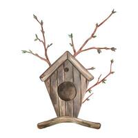 Birdhouse made of wood, brown color with branches of young trees, all objects are hand-painted with watercolors. Watercolor composition. Suitable for printing on postcards, brochures, invitations vector