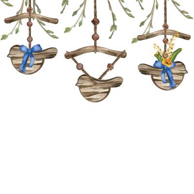 Watercolor border of wooden birds and young tree branches with buds. Bird figures with bouquets of wild flowers and plants with a blue bow and wooden beads. All objects are hand-painted in watercolor