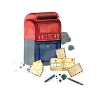 Mailbox red with blue color, letters, parcel, pen for writing and ink blots. All objects are hand-painted with watercolors. Suitable for the holiday Post Day, for postcards, printing on paper, fabric vector