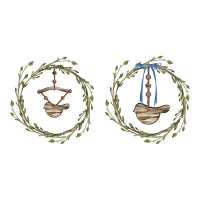 Wreaths of young branches with green buds and leaves, with wooden pendants in the form of birds with wooden beads, a blue bow. All objects are hand-painted with watercolors. For postcards, printing