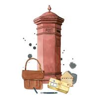 Post Office Day, street mailbox, parcel, envelopes and letters, postman's bag, writing pen. All objects are hand-painted with watercolors. Suitable for printing on fabric, paper, cards and products vector