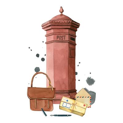 Post Office Day, street mailbox, parcel, envelopes and letters, postman's bag, writing pen. All objects are hand-painted with watercolors. Suitable for printing on fabric, paper, cards and products