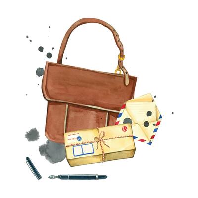 Watercolor composition, Post Day, postman's bag, letters, parcels, envelopes and pens for writing. All objects are hand-drawn with watercolor. Watercolor illustration for postcards, printing, design