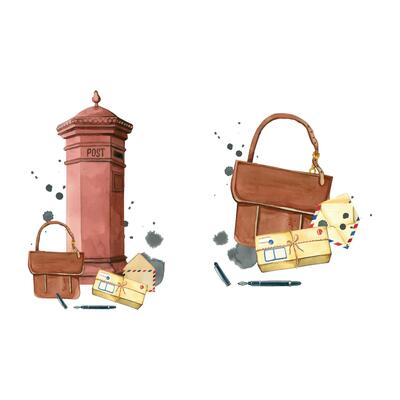 Set of watercolor compositions, Post Day, street mailbox, postman's bag, letters and parcels, pens for writing, all objects are hand-painted in watercolor. For printing on postcards, post office goods