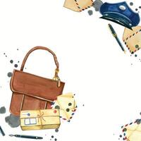 Square frame for Post Day, postman's bag and cap, parcels, envelopes, letters, writing pen and ink. All objects are hand-painted with watercolors. Suitable for printing on fabric, paper, postcards vector