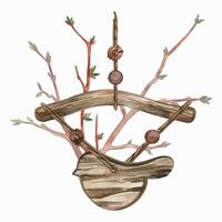 Wooden bird, pendant with beads and branches of young trees for home decoration. All objects are hand-painted with watercolors. For printing on fabric, paper, for designing invitations, postcards vector