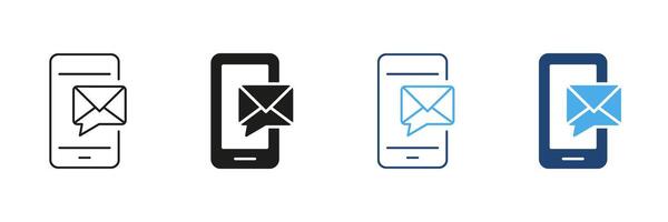 Smartphone With Email Notification Icon Set. Mobile Communication, Messaging, And Email Alert Outline And Silhouette Symbol Collection. Digital Connectivity. Isolated Illustration vector