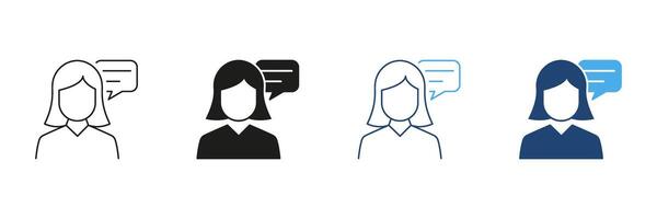 Woman Line and Silhouette Icon Set with Speech Bubble, Consultation or Discussion, Customer Support and Communication Icon. Editable Stroke. Isolated Illustration vector