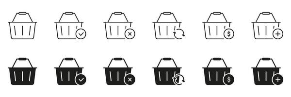 Shopping Basket Icon Set With Check, Cross, Refresh, Dollar, And Plus Symbols. E-Commerce, Online Shopping and Retail Management Outline And Silhouette Symbols. Isolated Illustration vector