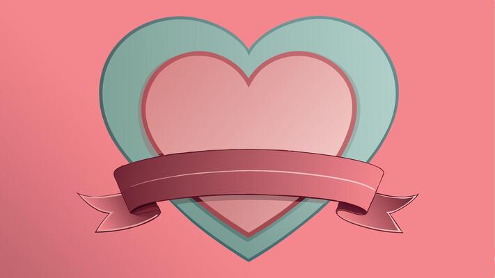 A heart shaped banner with ribbon on a pink background