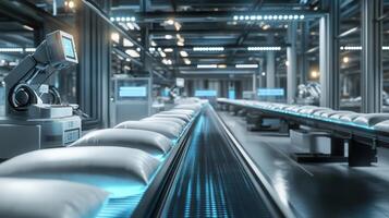 Robotic arm in a modern automated factory assembling products on a high-tech conveyor belt with advanced machinery and blue led lighting photo