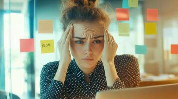 Stressed young caucasian female in office setting with laptop and colorful sticky notes expressing frustration and mental fatigue. Work environment stressful photo