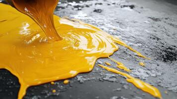 Bright yellow paint poured on a dark textured surface creating vivid artistic contrast with splashes of creative energy and vibrant dynamics. Workers painting epoxy resin floor photo