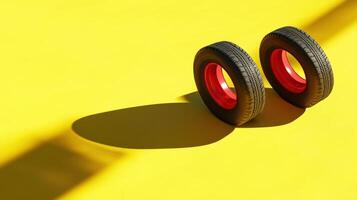 Vibrant contrasting tire composition, red-rimmed black tires casting shadows on bold yellow background creating abstract minimalist scene. Tires with rubber tread on alloy wheels photo