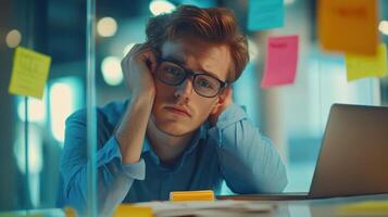 Young caucasian male in office feeling stressed and overwhelmed with unfinished tasks and deadlines surrounded by sticky notes and laptop. Work environment stressful photo