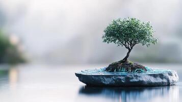 Technological bonsai tree on circuit stone island, nature meets innovation in a misty landscape of harmony and creativity. Symbiosis of nature and technology photo