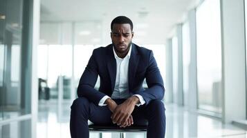 Young african male in a thoughtful pose in modern office setting with natural light and glass walls presenting a professional appearance. Work environment stressful photo
