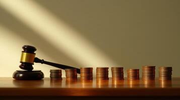 Wooden gavel resting on a polished table beside stacks of coins casting dramatic shadows in low ambient light. Justice and corruption photo