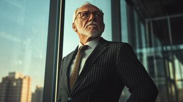 Elderly caucasian man in a pinstripe suit gazes confidently out a window, embodying leadership and wisdom in a corporate office setting. Work environment stressful photo