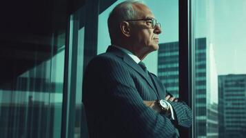 Elderly caucasian male executive in a pinstripe suit gazing thoughtfully out of a window in a modern office building at sunset. Work environment stressful photo