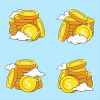 Cartoon Gold Coins with Clouds, Shiny Gold Coins with Clouds, icon Set, vector