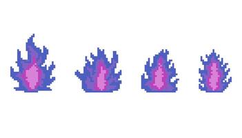 8-bit pixel art of a stylized fire element in shades of blue and purple. Magical flame effects for game asset or material element for fantasy-themed interfaces, mobile games, or pixel-style vector