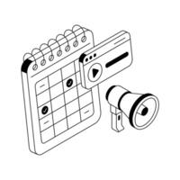 A sleek isometric outline icon showing marketing schedule. vector