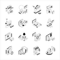 Handy bundle of isometric outline icons depicting digital advertising concepts vector