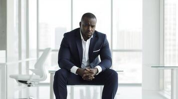 Businessman in a modern office, pensive african male in suit contemplates decisions, urban skyline view through windows in background. Work environment stressful photo
