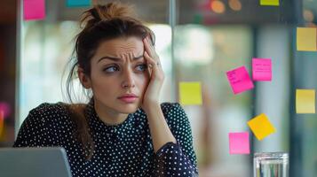 Young caucasian female in office setting looks anxious and stressed with multicolored sticky notes on glass wall nearby. Work environment stressful photo