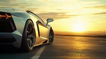 Sleek silver sports car at sunset on open highway reflecting golden rays in the modern automotive landscape with a horizon view. Tires with rubber tread on alloy wheels photo