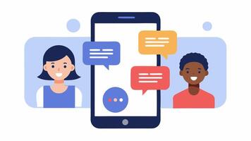 Smartphone with Chat Interface A smartphone screen with a chat interface showing two people communicating in different languages with translation bubbles appearing in realtime.. vector