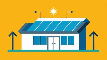 Solar Panel Integration An illustration of a modern building roof equipped with solar panels with arrows indicating sunlight being converted into energy.. vector