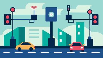 Smart Traffic Lights An illustration showing traffic lights with sensors and cameras that process data locally to manage traffic flow efficiently in a busy urban intersection.. vector