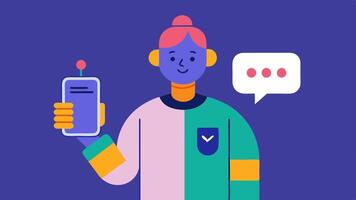 Smartphone Interaction A person is holding a smartphone displaying a virtual assistant with colorful clothing options and a chat bubble showing AI suggestions based on style. vector