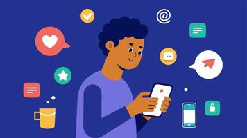 Social Media Influence A person scrolling through their smartphone with floating icons of popular consumer brands and products highlighting the influence of social media on. vector