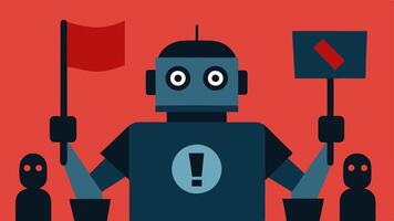Robot Dictator A cartoonish robot with a stern expression holding a sign that says No Discussion while pointing towards a group of frightened citizens embodying the oppressive. vector