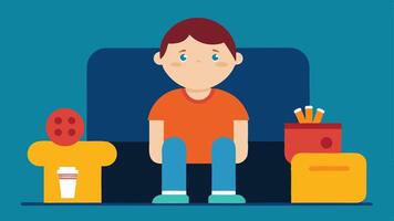 Sedentary Lifestyle A child sitting on a couch with snacks and a gaming console contrasting with s of sports equipment gathering dust in the corner emphasizing inactivity.. vector