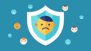 Shield of Division A large shield with a distressed pattern symbolizing protection against others surrounded by smaller icons of diverse faces with frowns.. vector
