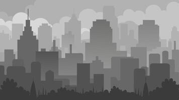 Smoggy City Skyline A simple of a city skyline obscured by thick gray smog. Dark silhouettes of buildings rise against a hazy sky with faint outlines of trees ly. vector