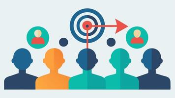 Target Audience A group of diverse silhouettes representing different demographics with arrows pointing towards them from a central AI hub illustrating targeted marketing.. vector