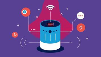 Smart Speaker A modern smart speaker emitting sound waves while displaying visual panels showing translations from different languages.. vector