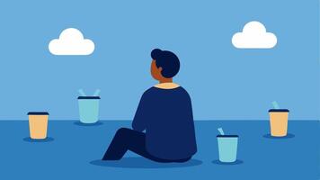 Sitting on the Curb An individual sitting on the curb looking up at the sky surrounded by empty coffee cups and bags expressing a moment of stillness.. vector