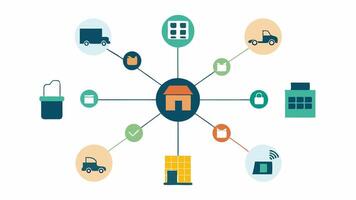 Supply Chain Network A simple network diagram depicting farms processors distributors and retailers interconnected with blockchain links showcasing collaboration and trust.. vector