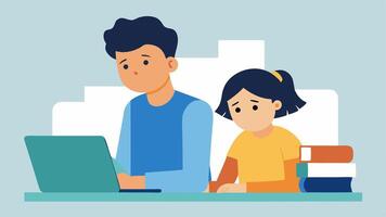 Teen Helping Parent A teenager sitting next to their parent at a desk assisting them in organizing and sorting through a mountain of medical bills with a worried expression.. vector