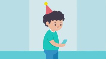 Social Interaction Skills An of a child at a birthday party standing awkwardly in the corner with their head down looking at their phone instead of joining in the fun.. vector