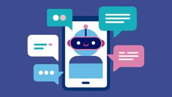 Social Media Engagement A digital illustration of a chatbot responding to customer inquiries on social media platforms represented by chat bubbles within a phone screen.. vector