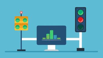 Smart Traffic Lights An illustration of a traffic light with a screen displaying realtime data changing colors automatically based on traffic density around it.. vector