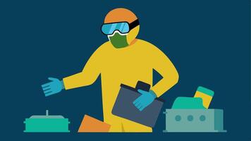 Safety Gear and EWaste An of a person wearing safety gear gloves goggles while sorting through a pile of ewaste addressing the safety concerns associated with improper. vector