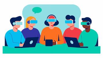 Team Collaboration A group of designers gathered around a table each wearing AR headsets and discussing modifications visible through their glasses.. vector